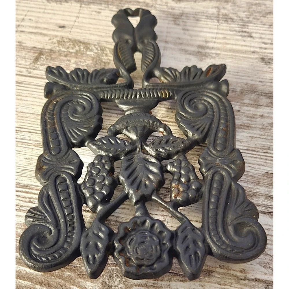 Set of 2 Vintage Cast Iron Trivets Floral Scrollwork Grape Rose Design 103 Black
